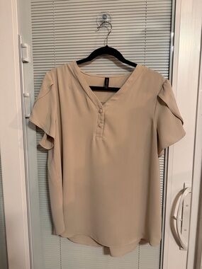 Light Beige V-Neck Flutter Sleeve Women’s Blouse